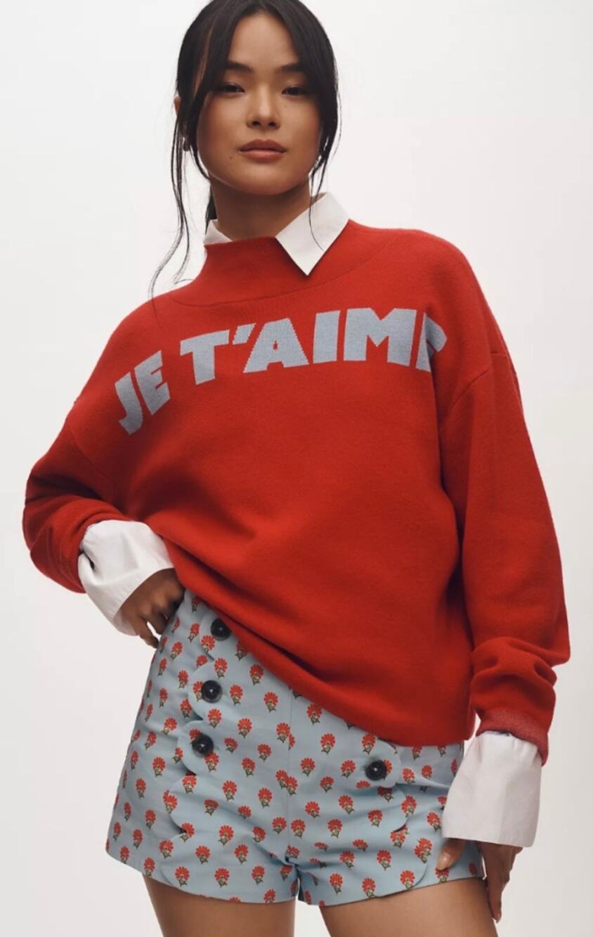 Anthropologie Maeve Carys Mock Neck “Je T’ame” Sweater Size Medium